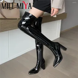 Boots MILI-MIYA Chunky High Heel Brand Designer Over The Knee Top Quality Leather Metal Square Toe Sexy Wedding Shoes