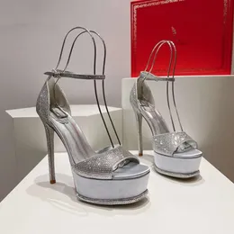 Rene Platform Caovilla Heel Sandals 15cm Ultra High Heels 여성 발목 스트랩 버클 라인 스톤 장식 디자이너 신발 패션 스퀘어 발가락 파티 샌들 편안함