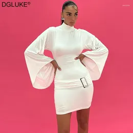 Casual Dresses Mock Neck Flare Sleeve Bodycon Dress Buckled Low Waist Pleated Mini Elegant White Birthday Party For Women