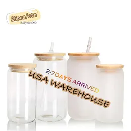 USA CA Warehouse 16oz Sublimation Frosted klar wiederverwendbares Doppelwandglaswasserflaschen Bierdosen mit Bambusdeckel 0514