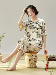 Piajama in cotone personalizzato per donna Sleep abbigliamento pigiama in bambù per donne pigiama quadrato bambu da donna abito notturno abbigliamento da sonno cotone 240514