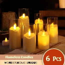 6pcs LED Flameless Electric Candles 램프 아크릴 유리 배터리 깜박이는 가짜 턱받이 양초 결혼식 크리스마스 240514