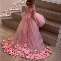 Princess Flower Girls Dresses Jewel Neck Lace Appiques Bow Floor Length Ball Fown Pown Pigant Kids Prom Gowns 2543
