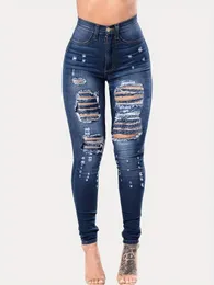 Blue Ripped Holes Skinny Jeans nödställda hög midja Slim Fit snedstreckfickor Denim Pants Womens kläder 240423