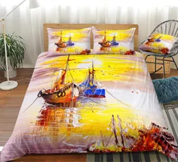 寝具セットヨット羽毛布団カバーセットオイルペインティングファンタスティックアートベッドクロス沿岸自然景観のベッドライン