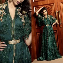 2021 Hunter ciemnozielone oficjalne sukienki wieczorowe z długim rękawem Dubaj Arabski muzułmański Kaftan Abaya 3D Floral Lace Suknia balowa 291e