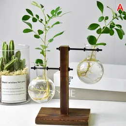 Piastre decorative tavolo scrivania bulbo vetro vaso di fiori di vaso idroponico pentola con vassoio in legno decorazione per ufficio sal99