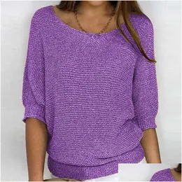 Kvinnors tröjor Kvinnor Kvinnor Autumn Winter Solid Color Knitting Sweater O-Neck 3/4 Sleeve Loose Fit Plover Tops Knitwear Drop Deliv Dhmrv