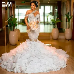 African Women Plus Size Wedding Dress Custom Made Detachable Train Tiered Mermaid Bridal Gown Vintage Pearls Robe De Mariee