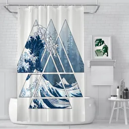 Cortes do chuveiro Os grandes triângulos de geometria sagrada enevoados ondas florestais decoração de banheiro à prova d'água com ganchos acessórios domésticos