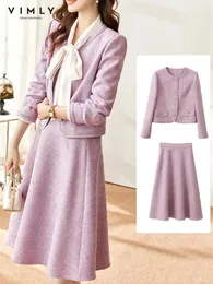 Vimly elegante coreana Tweed Skirt Stafts Roupfits Cropped Jacket Caist Elastic A Line Midi Duas peças Conjunto V7688 240508