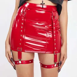Signe 2024 Dark Punk Fucice in pelle Funga Donne ad alta vita Mini Skirt Skirt Female Club Streetwear Look Wet Pencil