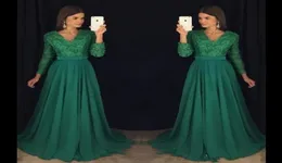 Emerald Yeşil Dantel Şifon Uzun Kollu Palyaç Pageant Elbiseler Mütevazı Vneck Boncuklu Artı Boyut Kadınlar Resmi Durum Akşam Elbisesi8246709