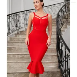 Casual Dresses 2024 Summer Spaghetti Strap V Neck Bandage Dress Sexy Sleeveless Wine Red Ruffle Edge Draped Night Club