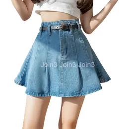 Womens high waist denim skirts pleated with belt sashes jeans skirt with safety shorts inside SMLXL
