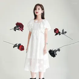 Casual Dresses 2024Designer Black Puffed Sleeve Dress Girl Square Neck Gaze Jacquard Long kjol