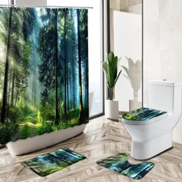 샤워 커튼 안개 숲 나무 풍경 커튼 세트 봄 녹색 식물 경관 욕실 욕조 욕조가 아닌 깔개 화장실 덮개 목욕 매트