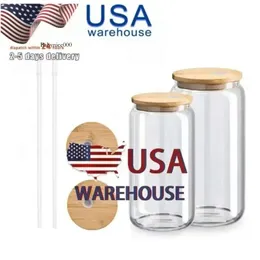 USA: s lager 16oz sublimering av glas ölmuggar med bambu lock halmtumblers diy tomma ämnen frostad klar kan värma överföring svanskoppar tumbler 0514