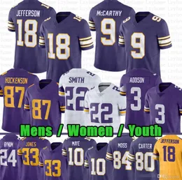 J.J. McCarthy Drake Maye Stitched football Jerseys Justin Jefferson T.J. Hockenson Addison Lewis Cine Camryn Bynum Randy Moss Men Women Youth S-3XL jersey