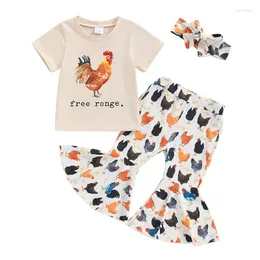 Kläduppsättningar Småbarn Baby Girl Farm Outfit Free Range Kort ärm Crewneck T-shirt Chicken Print Fleared Pants Set Summer Clothes