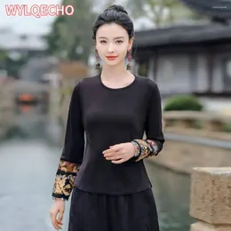 Abbigliamento etnico 2024 ricamo a fiore nazionale Lady O-Neck Shirt tradizionale camicia da base tradizionale Hanfu Top Top Chinese T-shirt