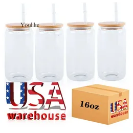 USA CA Stock 16Oz Sublimation Glass Mugs Water Bottles Cup Blanks With Bamboo Lid Frosted Beer Can Glasses Tumbler Mason Jar Plastic Straw Jy31 0514
