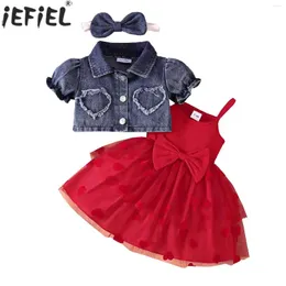 Roupas conjuntos de roupas meninas infantis, doce vestido tule tule tule com bandana de manga curta