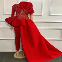 2021 Jumpsuits Arabic Red Prom Dresses With Train Long Sleeve High Neck Lace Appliqued Beads Formal Evening Gowns Pant Suits 303v