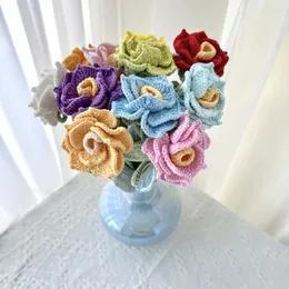 Decorative Flowers Creative Artificial Wool Flower Handmade Crochet Knitted Chinese Rose Woven Arrangement Vase Accessories Table Decoration