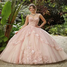 Pink Princess Quinceanera Dress Sweet 16 Ball Gown 2022 Appliques Sequins Beads Flowers Backless Party Vestidos De 15 Dresses for quinc 281j