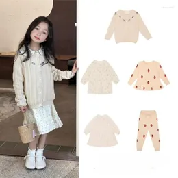 Roupas Conjuntos de roupas 2024 Spring FL Infantil Girls Roupet Set Cardigan e Cute Princess Dress Sweater Outwear