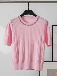 Women's T Shirts 2024 Spring Round Neck Pullover Knit Kort ärm