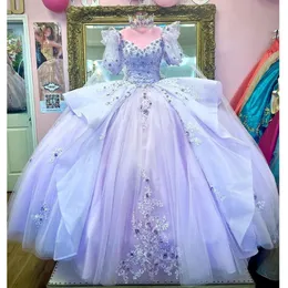 2022 Lilac Half Puff Sleeve Applicies Lace Quinceanera Dress Ball Gown with Cape Off the Shoulder Beading Ruffles Pageant Sweet 15 B070 2140