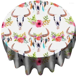 Table Cloth Cow Skulls With Horns Feathers And Pink Flowers On A Textured Huichol Mexico Tribe Art Printed Fabric Round Tablecloth