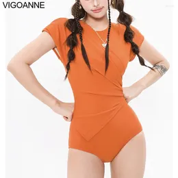 Domowe odzież kąpielowa Vigoanne 2024 Solidne krótkie rękawy Kobiety pchnij jedno kawałek stroju kąpielowego Koreańskie zamknięte monokini bez pleców pustych kostium kąpielowych
