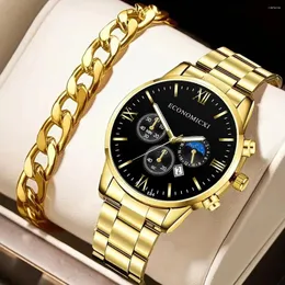 Armbanduhren 2pcs/Set Herren High-End Business Calender Gold Steel Band Quartz Watch und Alloy Armband Set Geschenkoptionen