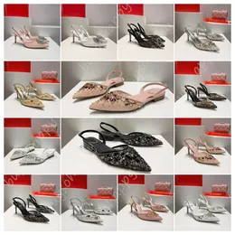 Rene Caovilla Diamond Heels Sandals Fashion Women Poinced Toe Lace Lace Mesh Crystal Decorator 7.5cm高さのかかとドレスシューズアンクルストラップカジュアルパーティーデザイナー結婚式