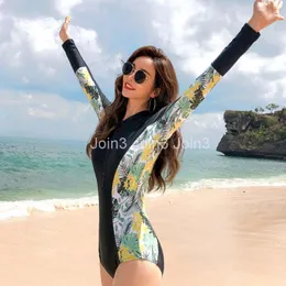 New womens front zipper patchwork print floral pattern long sleeve conservative style one piece swimwear bathing surfing swimsuit MLXL