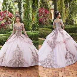 Underbara rosa Sweet 16 Quinceanera -klänningar Princess Ball Gown 2021 Sparkly Sequined Applices Longeple V Neck Puffy Tulle Tiered PR 201M
