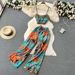 Womens print floral spaghetti strap crop top vest and wide leg long pants twinset beach holiday summer suit