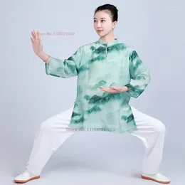 Ethnische Kleidung 2024 Traditionelle chinesische Tai Chi Uniform National Blumendruck Baumwolle Wushu Kampfsport Training Übung