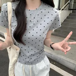 Frauen T-Shirts Koreanischer Stil süßer Polka Punkt Baumwoll T-Shirt Frauen Sommer Kurzarm Schlanke Frau lässig Runde Kragen Tops