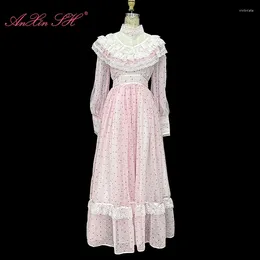 Party Dresses Anxin Sh Vintage Princess Pink Flower Illusion Lace Handmade O Neck Long Ruffles Bow Sleeve Zipper Evening Dress