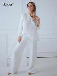 Home Clothing Hiloc Elegant White Cotton Pants Sets Sleepwear Women 2024 Fashion Patchwork V-Neck Loose Tops Casual Trousers Pajamas Female