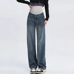 Kvinnors jeans mode våren och hösten hög midja breda benbyxor i full längd justerbar midjeband moderskapskvinna