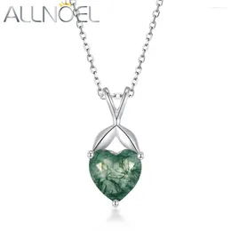 Chains ALLNOEL 925 Sterling Sliver Pendant Necklace For Women Natural 7 7mm Green Moss Agate Heart Shape Stone Style Fine Jewelry Gifts