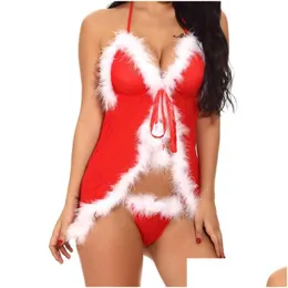 BHs Sets Ishine Weihnachten Frauen sexy Dessous rotes Kleid mit Spitzenfeder Halloween Unterwäsche Set Drop Lieferbekleidung Dhiy9