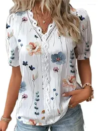 여성용 폴로 여름 패션 V- 넥 레이스 패널 인쇄 셔츠 우아한 편안한 짧은 소매 여성 탑 Camicie