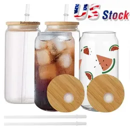 USA/CA Warehouse 16oz Tassen Doppelwand -Sublimation Glass Tank -Form Tasse Becher Trinken Bier mit Bambusdeckel 0514