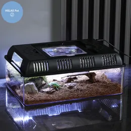 투명한 LED 라이트 파충류 동물 곤충 애완 동물 케이지 통기성 먹이 공동 램프 박스 개구리 뱀 거북 도마뱀 누에 실 누락 240506